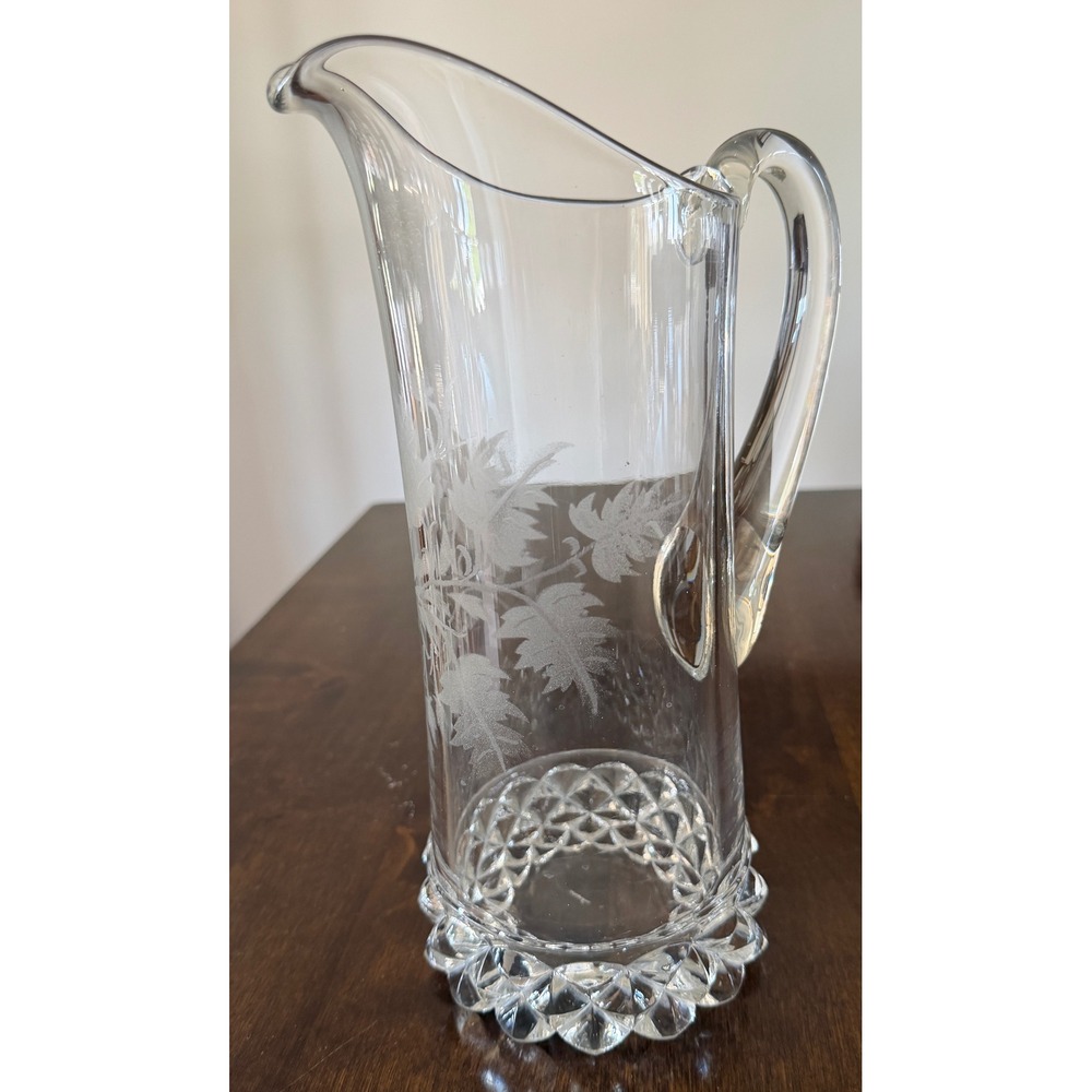 Vintage Etched Glass Pitcher Leaf Vine Pattern Diamond Cut Base Clear 11.25 Inch